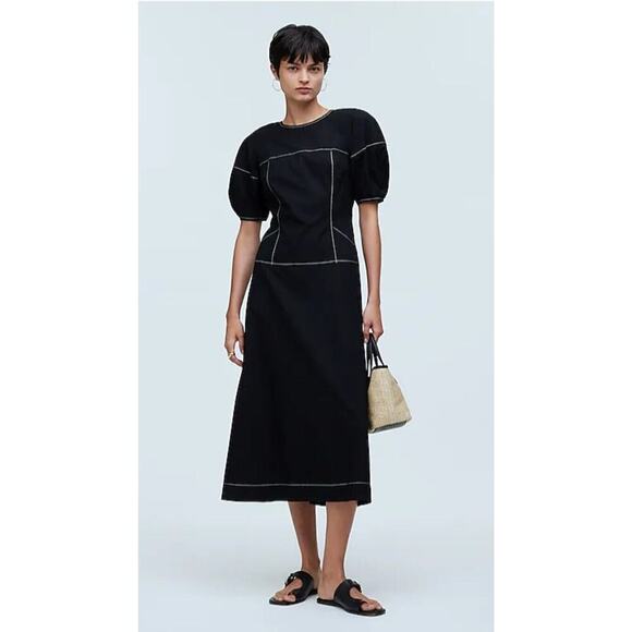 Madewell Dresses & Skirts - NWT Madewell Puff Sleeve Drop Waist Lightweight Cotton Midi Dress Black size 2